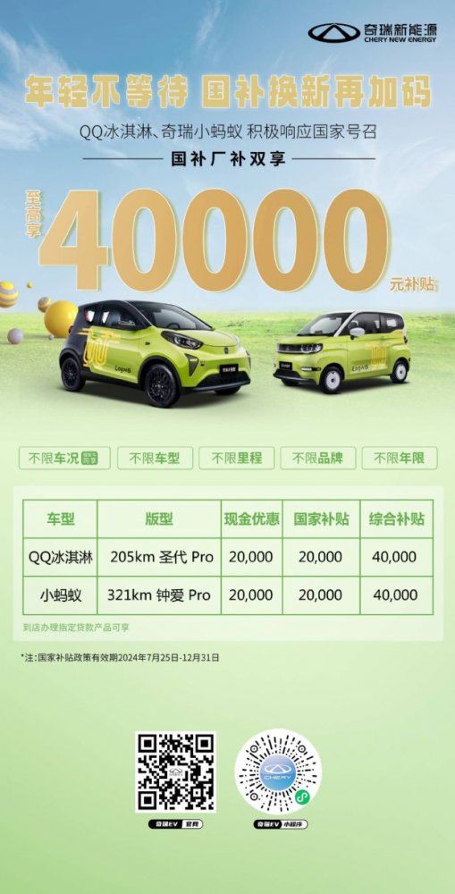 国补换新再加码，QQ冰淇淋奇瑞小蚂蚁至高享40000元补贴，轻松嗨购